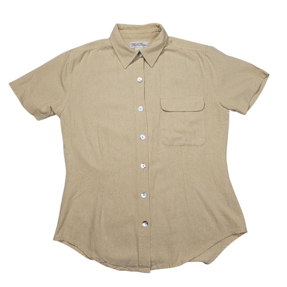 Selene Paris Womens 100% Silk Short Sleeve Button Up Shirt Blouse Beige Medium